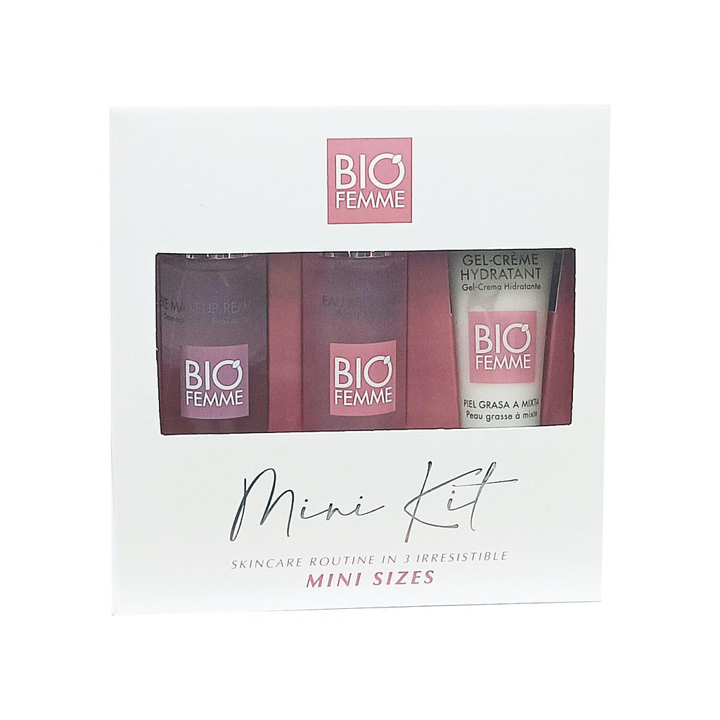 BIOFEMME MINI KIT INCLUYE: DESMAQUILLANTE BIFÁSICO DE OJOS 50ML+ AGUA MICELAR 50ML + GEL-CREMA HIDRATANTE 20ML